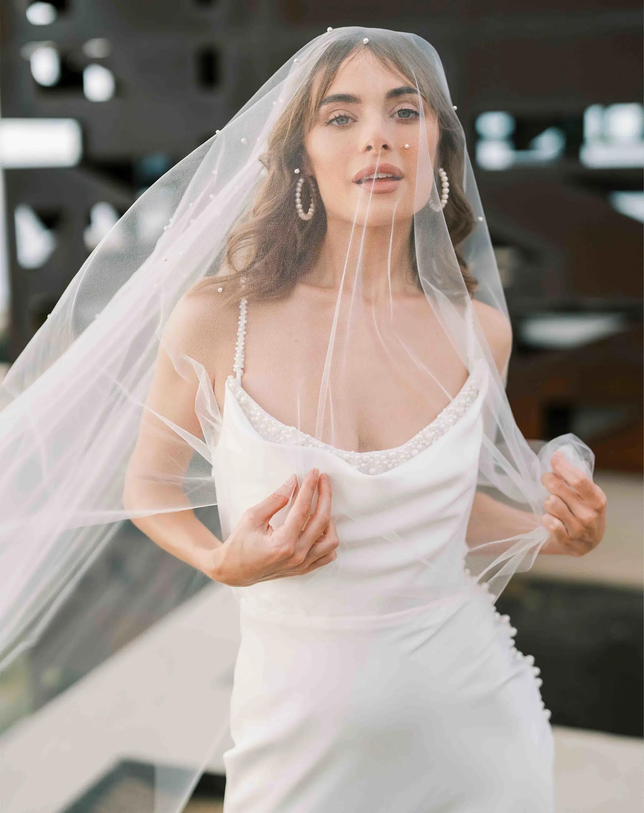 Model wearing a Town & Country Veil #1. Mobile Image